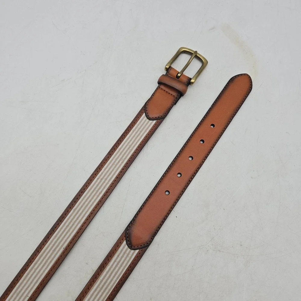 Structure Belt Brown Leather Striped Fabric Mens 36 Brass Buckle NWOT